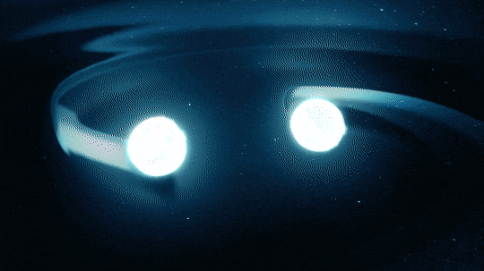 Two bright spheres orbit each other, and pale arcs of blue, representing gravitational waves, ripple away from the spheres. The spheres get closer with each orbit, and as they do they distort, turning into teardrop shapes, with the points pointing toward the center. Then they touch and finally merge in a bright, white explosion.